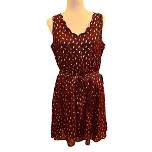 NWT: Burgundy Size M* Gold Dots Sleeveless Dress Tie Waist Back Cut Out (A52)‎